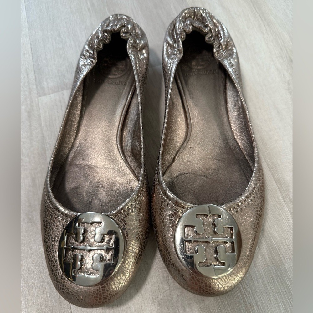 Tory Burch Metallic Bronze Embossed Leather Ballet Flats Women's Size 8M